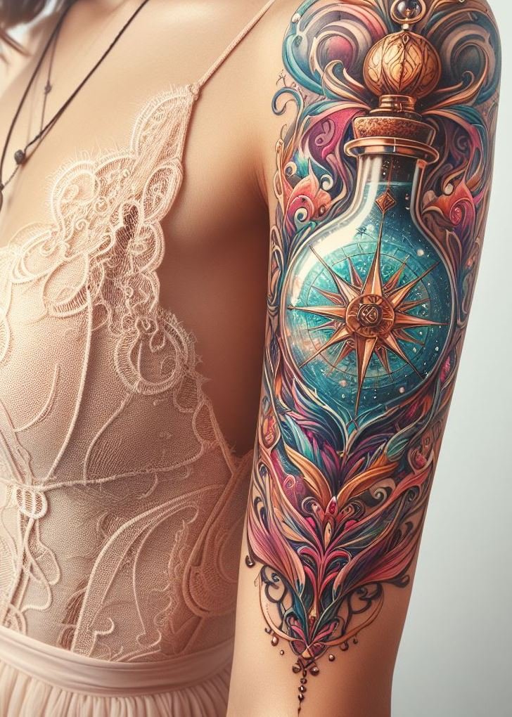 Discover a tattoo that blends navigational precision with mystical allure. A compass and magic potion design that’s truly enchanting.