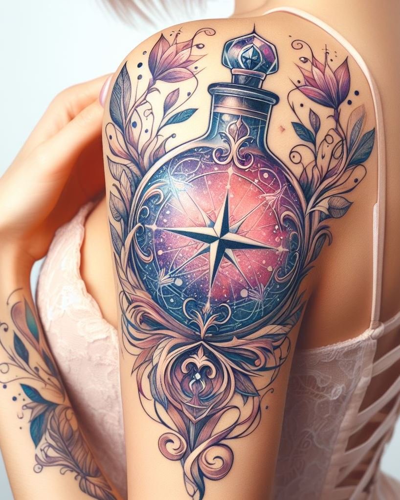 For the adventurers and dreamers: a compass guiding you through the magical mysteries of a potion tattoo.