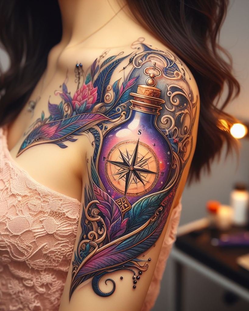 Let your tattoo be a guide to the enchanted world with a compass and magic potion design. A magical map on your skin!