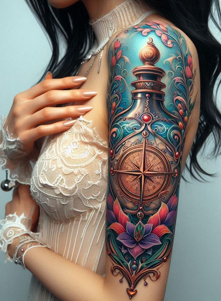 Combine the allure of magic potions with the precision of a compass. This tattoo idea is perfect for those seeking direction and charm.