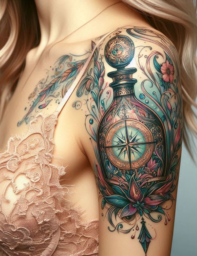 Chart your course through the magical realms with a compass and potion tattoo. A whimsical design for those who love fantasy.