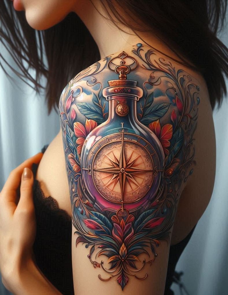 Discover a tattoo that blends navigational precision with mystical allure. A compass and magic potion design that’s truly enchanting.