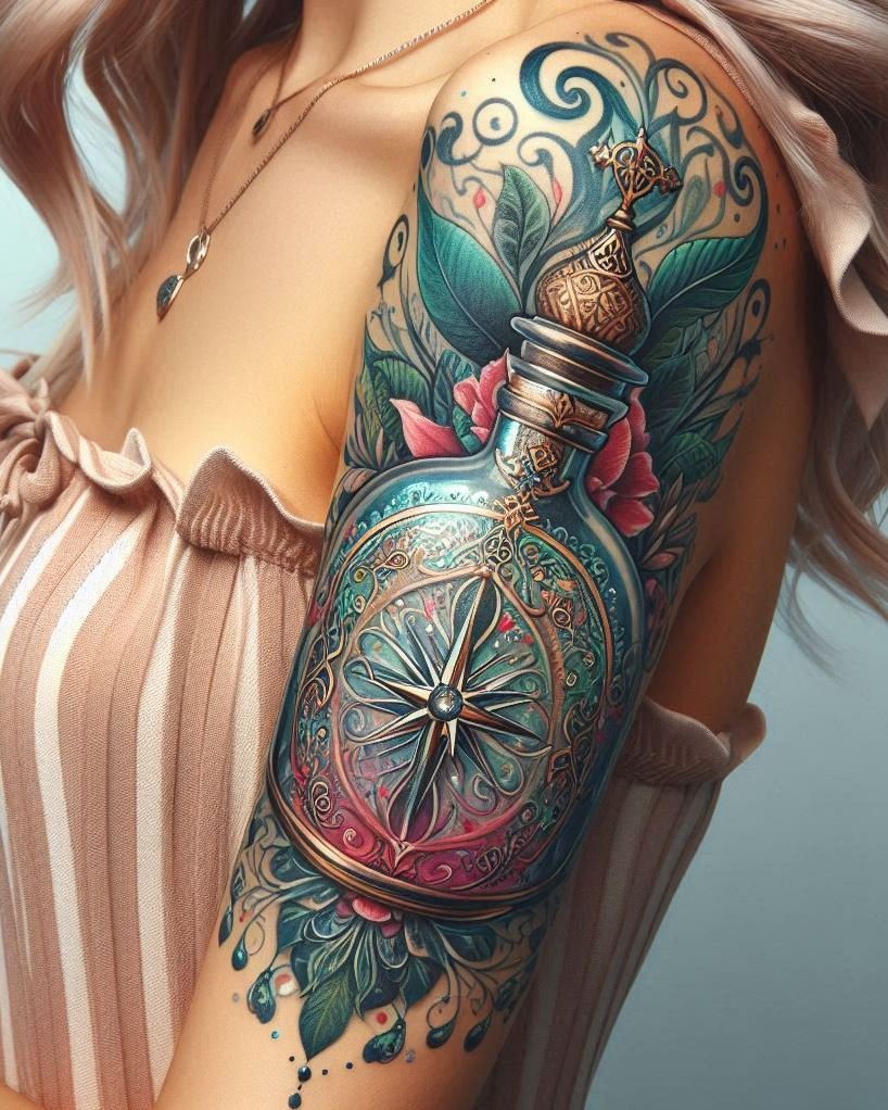 Let your tattoo be a guide to the enchanted world with a compass and magic potion design. A magical map on your skin!