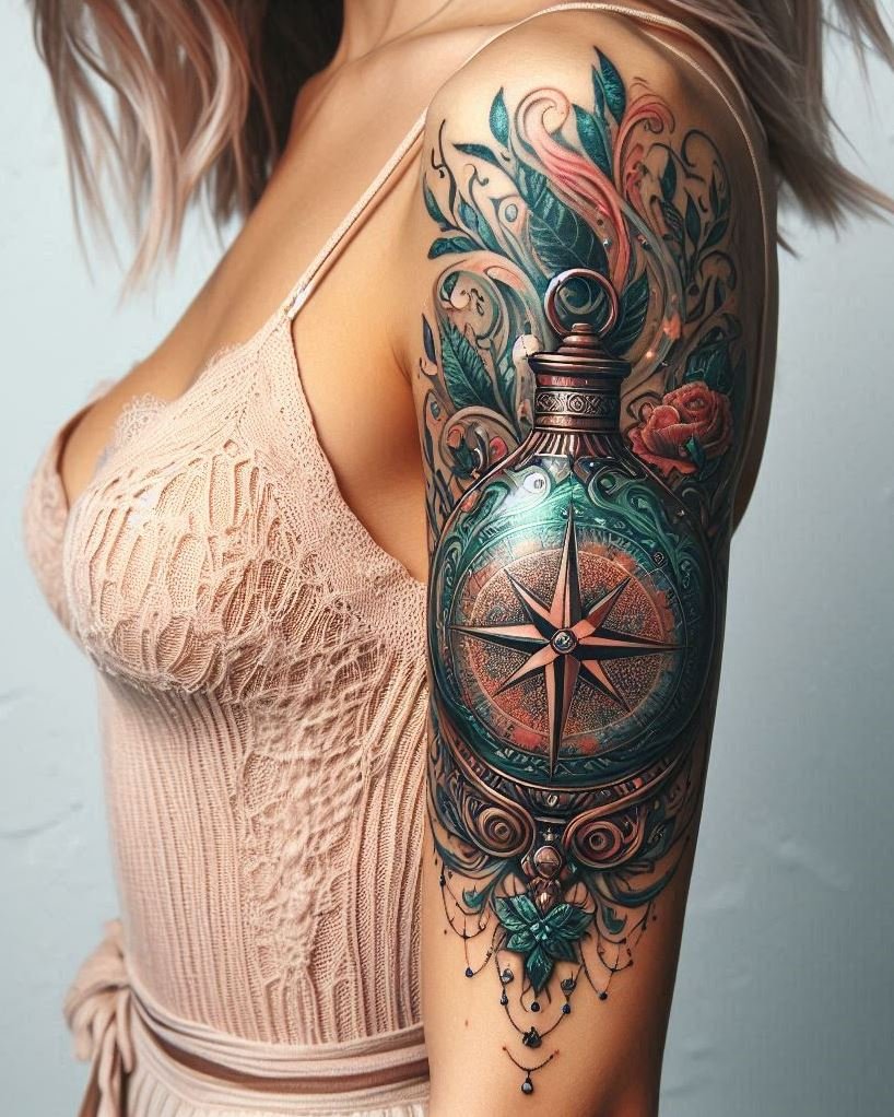 Blend the science of navigation with the magic of potions in a tattoo. A perfect mix of reality and fantasy!
