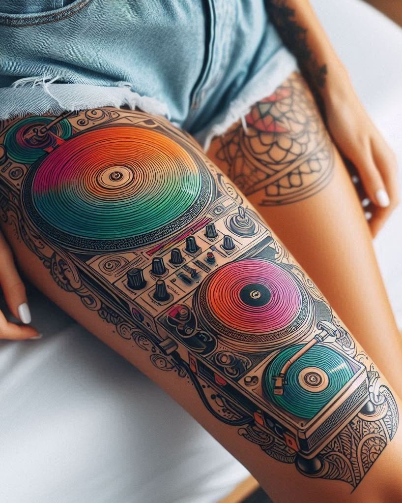 Music Tattoos: 75 Must-See Inspirations | Pocoko Spin your passion into art with these DJ mixer tattoos. Perfect for those who live to mix beats and create magic!