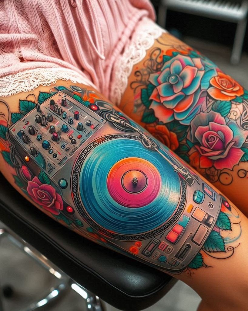 Music Tattoos: 75 Must-See Inspirations | Pocoko Ready to drop the beat on your next tattoo? These DJ mixer designs are a tribute to your love for mixing and music.