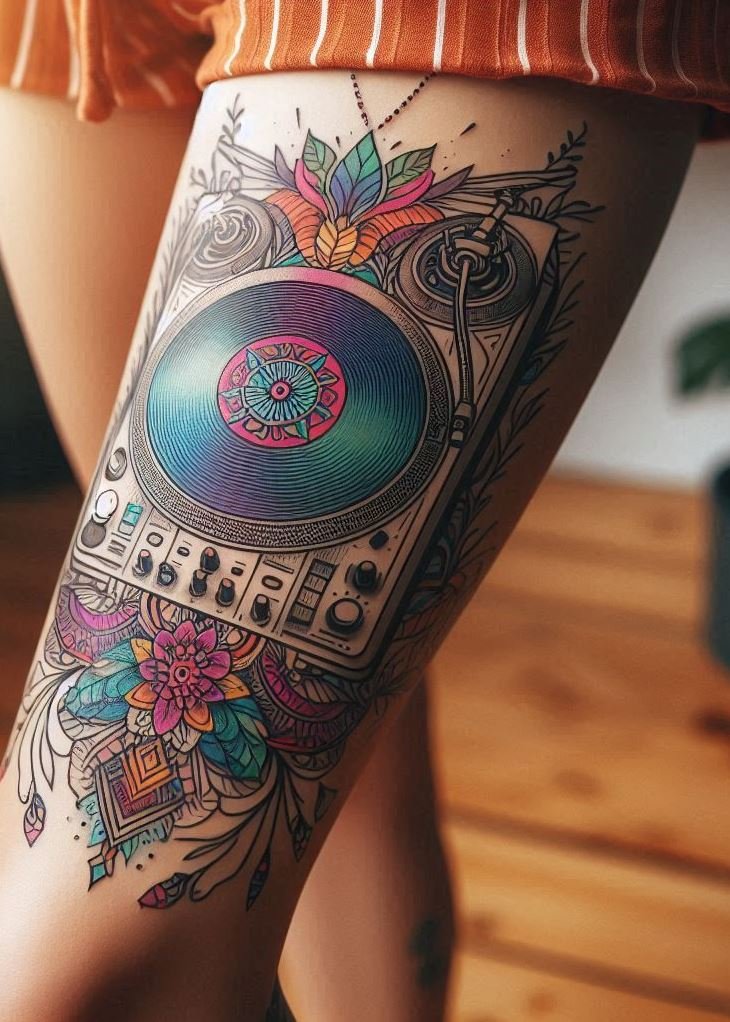 Music Tattoos: 75 Must-See Inspirations | Pocoko Turn the tables on conventional tattoos with these DJ mixer inspirations. For the ultimate music lover who lives to mix!
