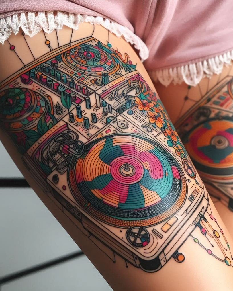 Music Tattoos: 75 Must-See Inspirations | Pocoko Bring your DJ dreams to life with these mixer tattoos. Bold, creative, and perfect for those who love to spin and mix!