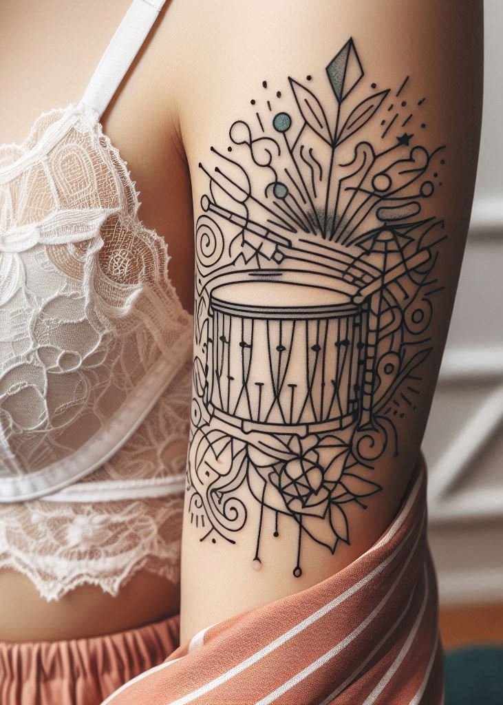 Music Tattoos: 75 Must-See Inspirations | Pocoko Rock your style with these drumset tattoos. Perfect for drummers who want to wear their passion on their sleeves, literally!