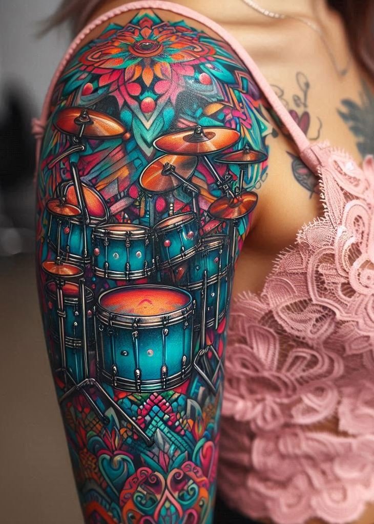 Music Tattoos: 75 Must-See Inspirations | Pocoko Drum up some attention with these stunning drumset tattoos. Perfect for anyone who loves the beat and the ink!
