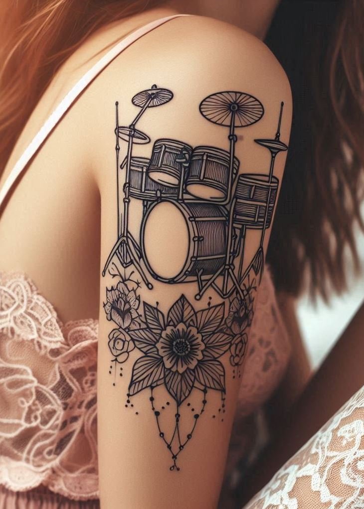 Music Tattoos: 75 Must-See Inspirations | Pocoko Show your love for drumming with these unique drumset tattoos. A perfect blend of art and music!
