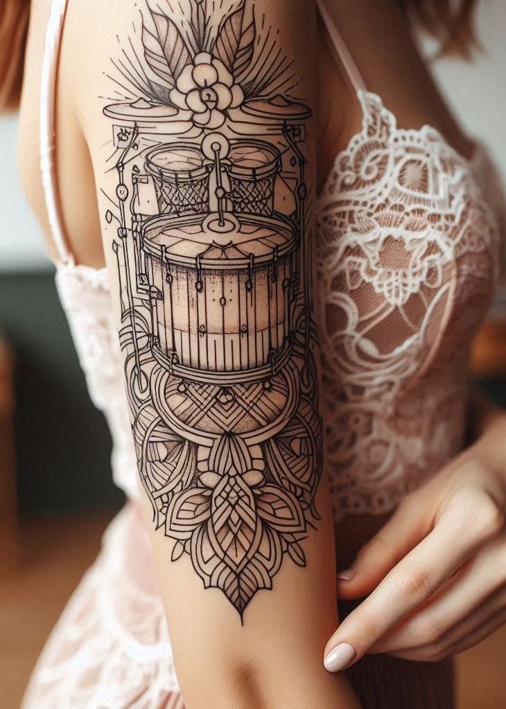 Music Tattoos: 75 Must-See Inspirations | Pocoko Get ready to drum up some compliments with these drumset tattoos. Ideal for anyone who lives for the beat!