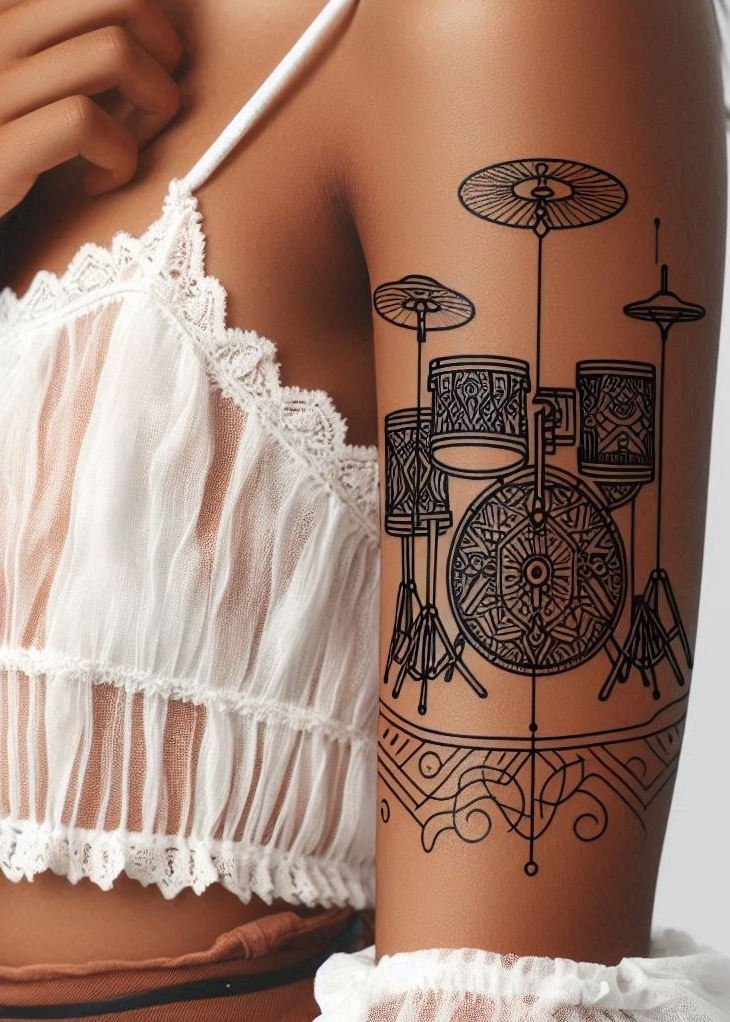 Music Tattoos: 75 Must-See Inspirations | Pocoko Let your love for drumming shine with these amazing drumset tattoos. Bold, creative, and perfect for music lovers!