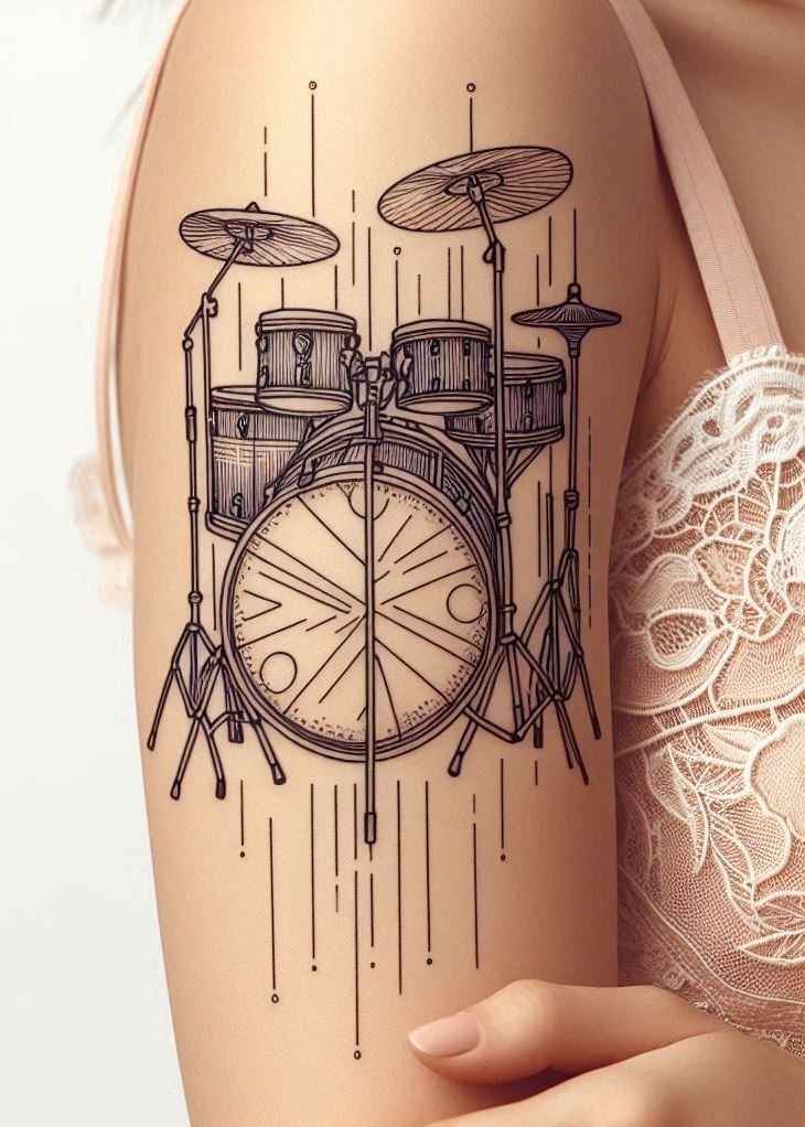 Music Tattoos: 75 Must-See Inspirations | Pocoko Turn your rhythm into art with these drumset tattoos. Perfect for drummers who want to make a lasting impression!