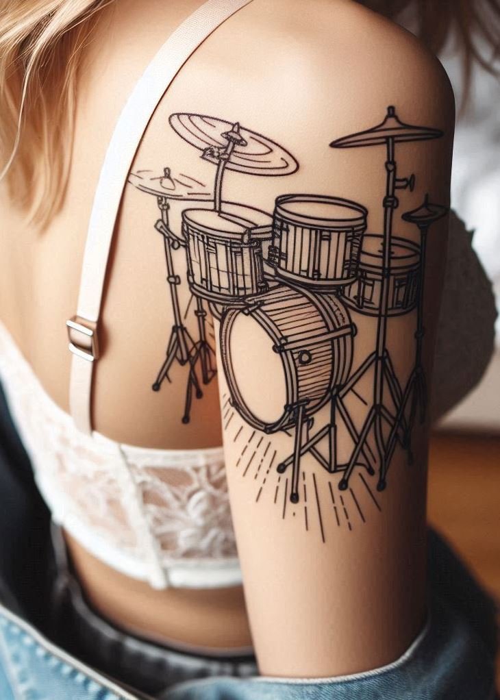 Music Tattoos: 75 Must-See Inspirations | Pocoko Capture the essence of your drumming passion with these drumset tattoos. A perfect mix of style and music!