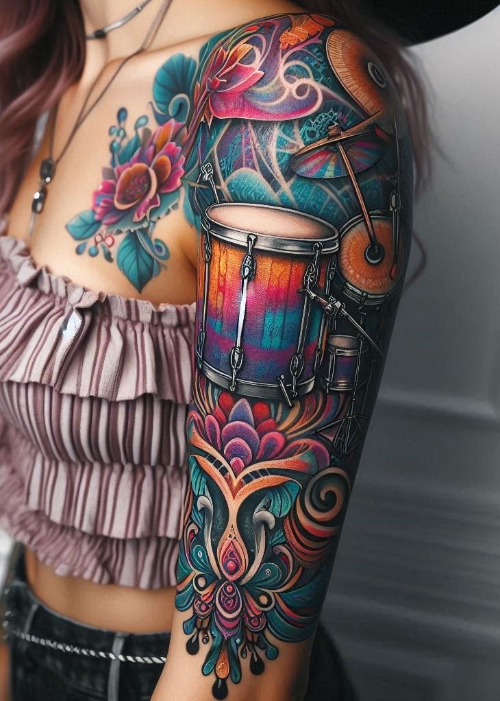 Music Tattoos: 75 Must-See Inspirations | Pocoko For those who march to the beat of their own drum, these drumset tattoos are a must-have. Bold and beautiful!