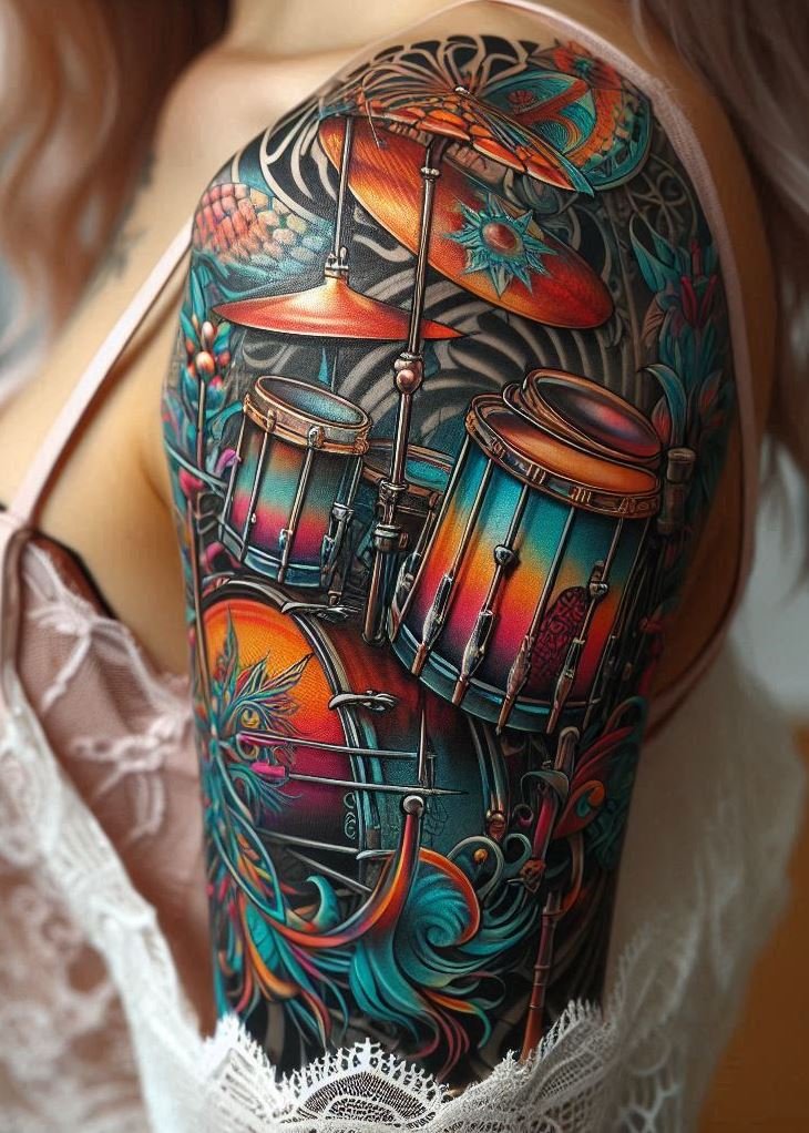 Music Tattoos: 75 Must-See Inspirations | Pocoko Make some noise with these drumset tattoos. Perfect for drummers who want to show off their love for music!
