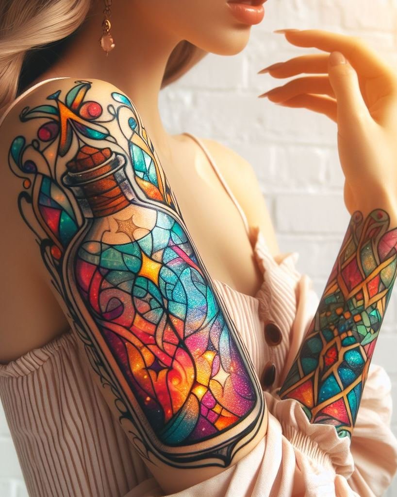 Merge the mystical with mathematical beauty in a sacred geometry-inspired magic potion tattoo. Perfect for those who see the magic in symmetry!