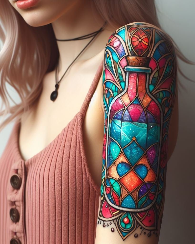 Harness the power of ancient symbols with a sacred geometry magic potion tattoo. A perfect blend of precision and enchantment!