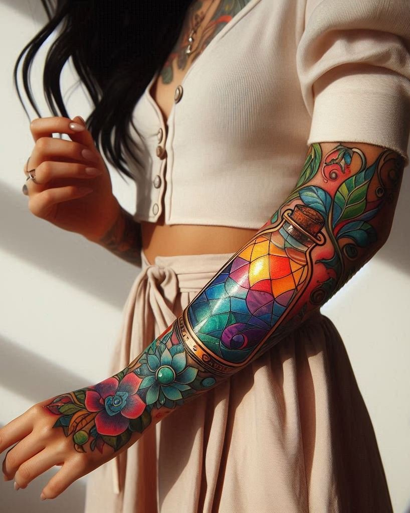 Unlock the secrets of the universe with a sacred geometry-inspired potion tattoo. Ideal for those who appreciate the beauty of mathematical magic.