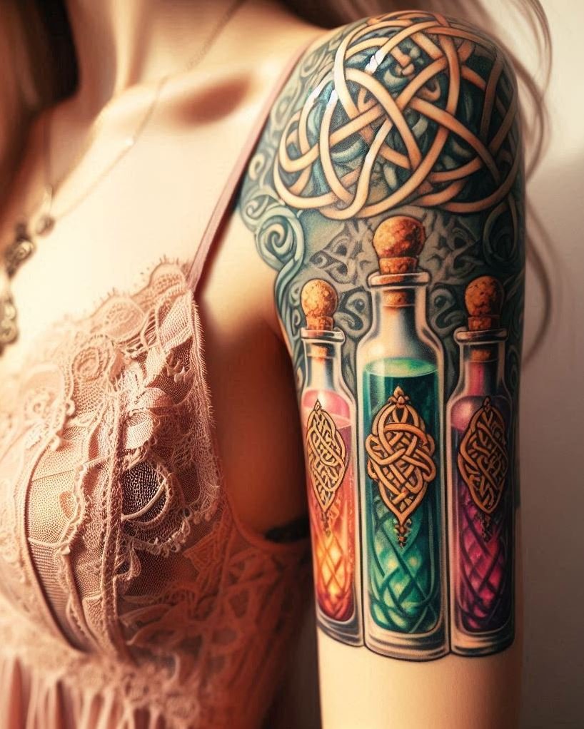 Combine the precision of sacred geometry with the allure of magic potions. A tattoo design that's both captivating and meaningful!