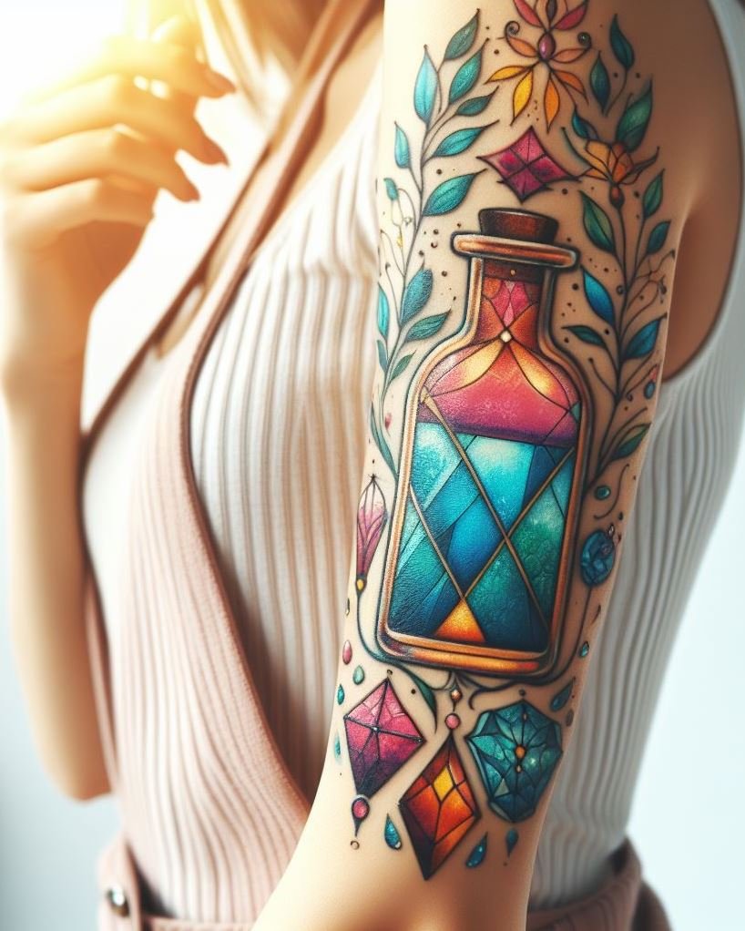 Discover the mystical charm of sacred geometry with a magic potion tattoo. Ideal for those who believe in the power of patterns.
