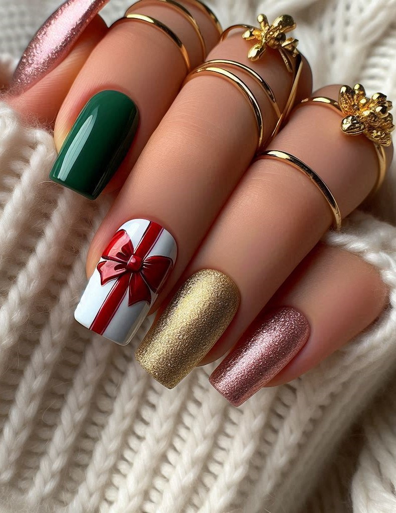 Christmas Nail Art Ideas: Unwrap some festive magic with these Christmas gift nail art designs. Your nails will look as delightful as the presents under the tree!