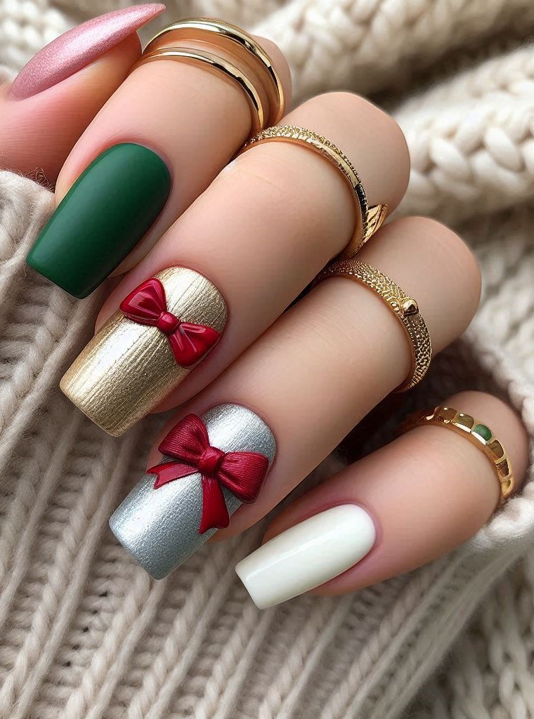 Celebrate the season of giving with these Christmas gift-themed nail designs. Each nail is a little parcel of holiday happiness!