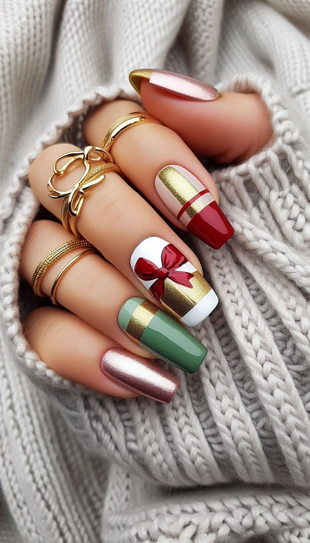 Wrap up your holiday look with these Christmas gift-inspired nail designs. Tiny bows, glitter, and festive fun await your fingertips!