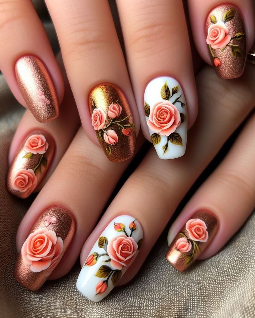 Rose Nailart: 50 Mesmerizing Styles You Can't Miss | Pocoko Glam up your nails with this exquisite gold and white rose nail art. Perfect for adding a touch of elegance and sparkle to any outfit!