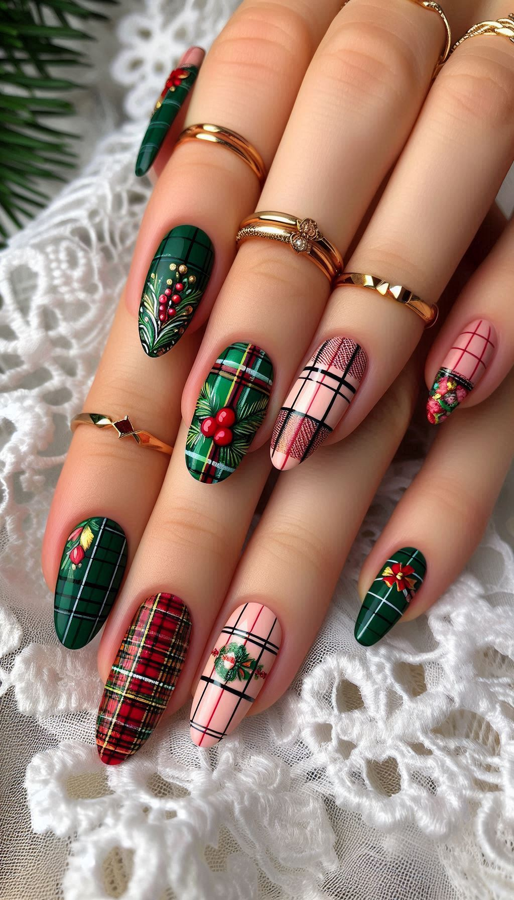 Christmas Nail Art Ideas: Channel holiday coziness with these plaid-themed nail designs. Perfect for giving your nails a festive, wintery vibe this Christmas season!