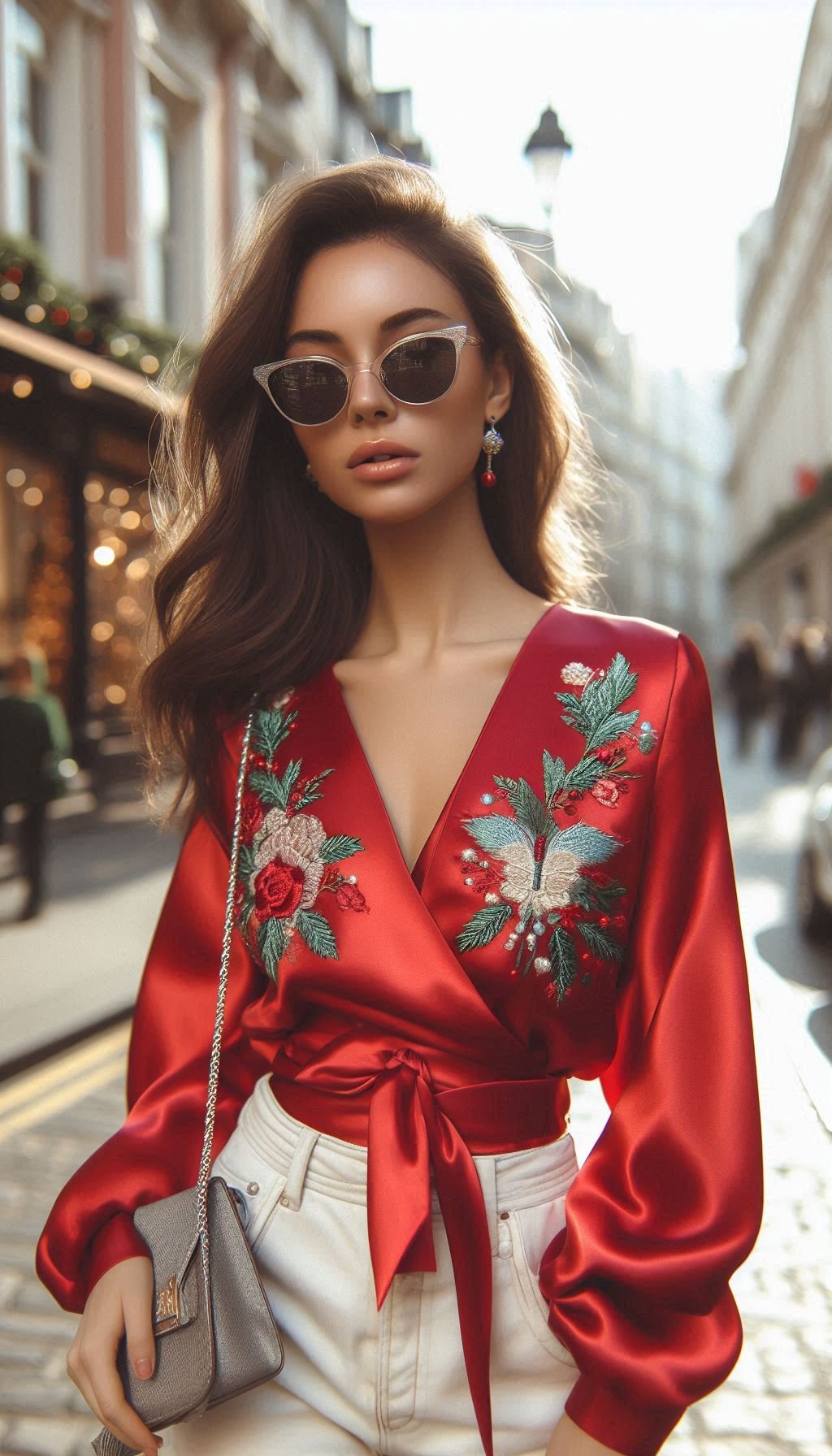 Christmas Outfits: 70 Must-Have Festive Ensembles | Pocoko Christmas Outfits: Make your holiday wardrobe merry and bright with a red satin wrap top and white jeans. This look is perfect for celebrating in style.