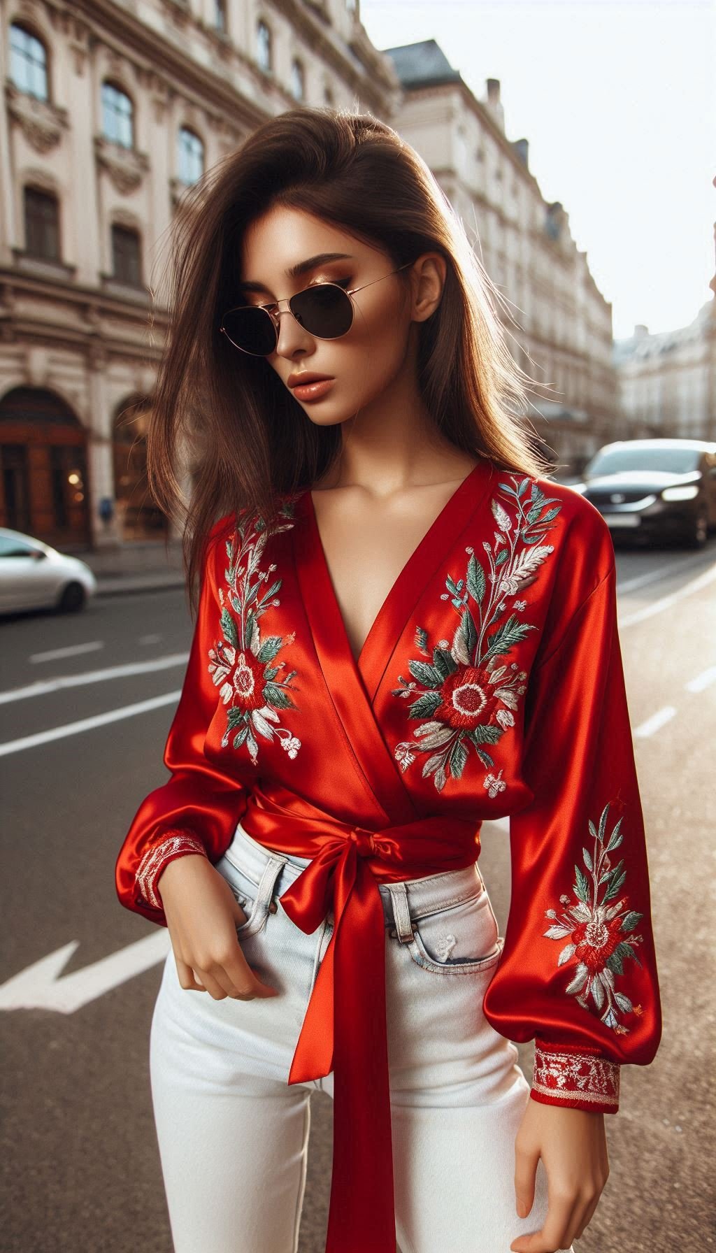 Christmas Outfits: 70 Must-Have Festive Ensembles | Pocoko Shine bright this holiday season with a red satin wrap top and white jeans. This outfit is all about festive elegance and modern style.