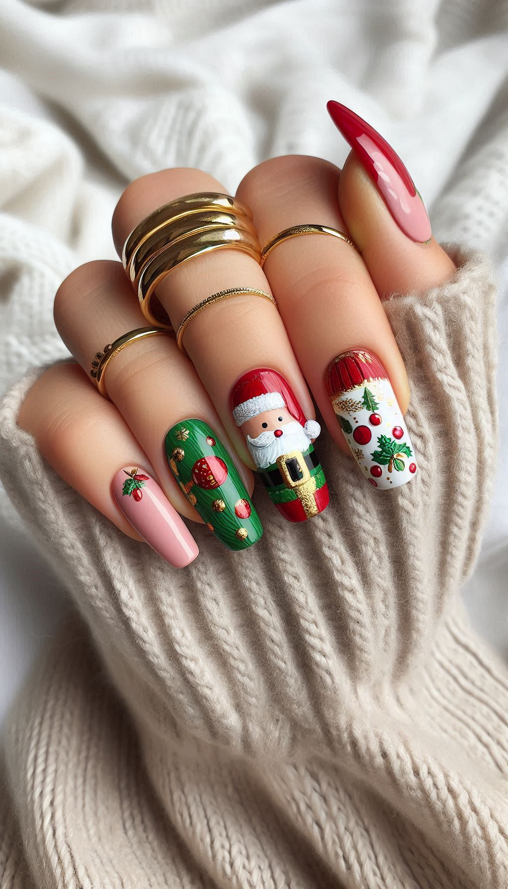 Nail your holiday spirit with Santa Claus-themed art. From Santa hats to jolly faces, these designs are perfect for a festive manicure!