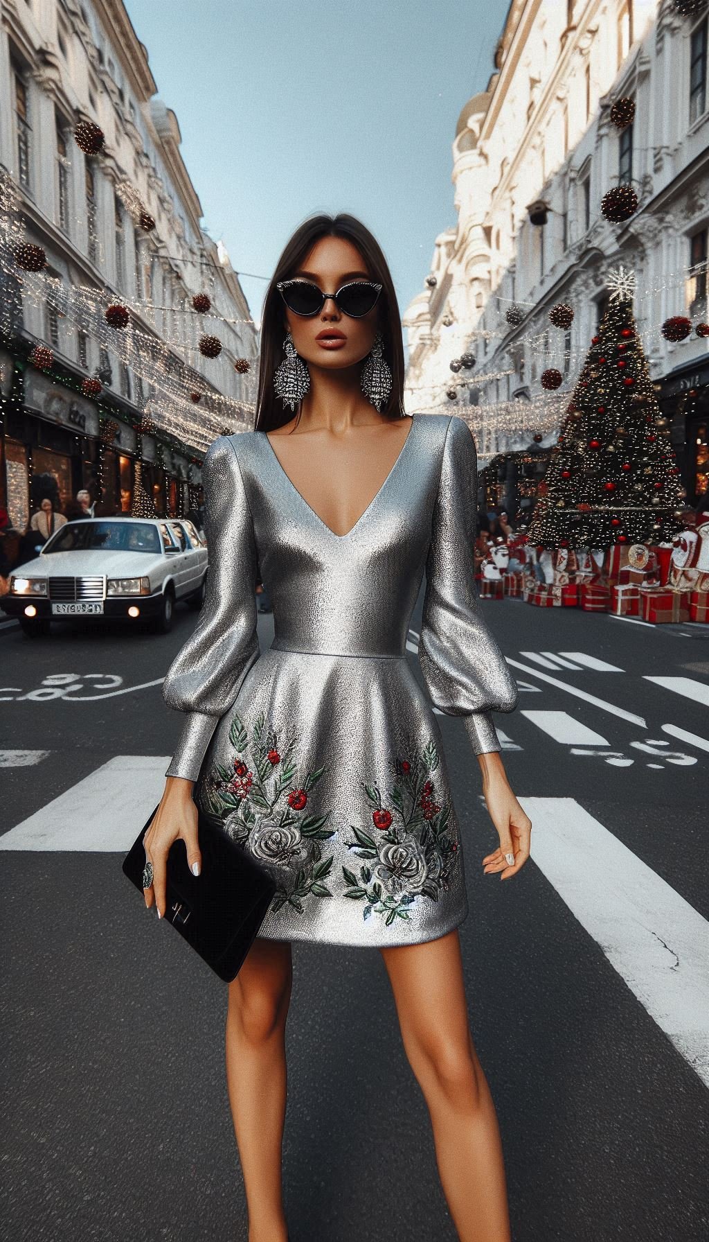Christmas Outfits: 70 Must-Have Festive Ensembles | Pocoko Celebrate in style with this silver metallic dress with long sleeves. Perfect for adding a touch of glamour to your Christmas outfit.