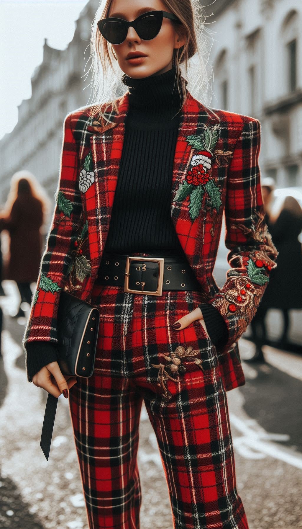 Christmas Outfits: 70 Must-Have Festive Ensembles | Pocoko Christmas Outfits: Make a stylish statement this Christmas with a classic tartan blazer paired with high-waisted trousers. Perfect for a chic and festive look!