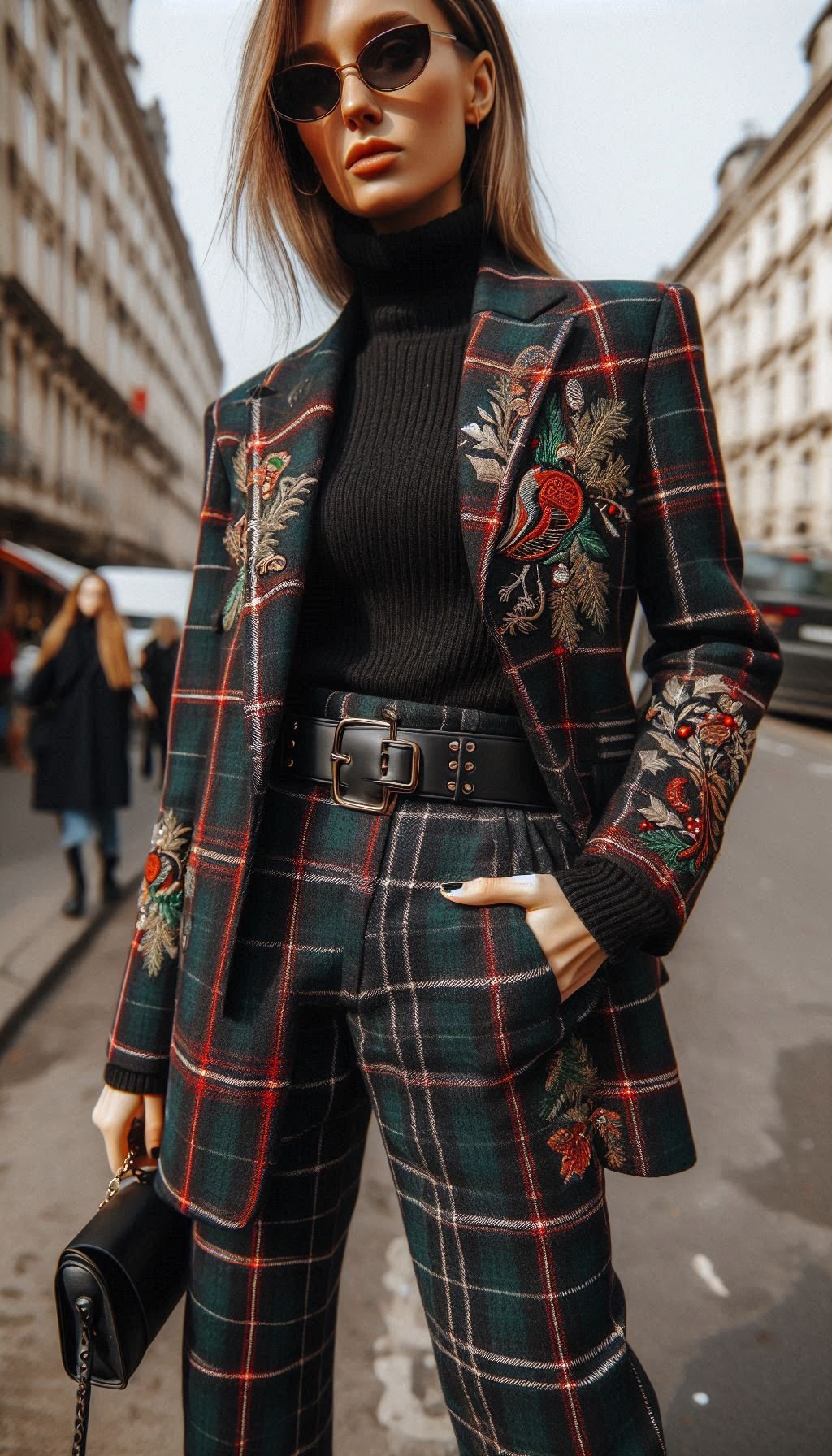 Christmas Outfits: 70 Must-Have Festive Ensembles | Pocoko Who says holiday dressing can’t be stylish? A tartan blazer with high-waisted trousers is the perfect blend of festive and fashionable.
