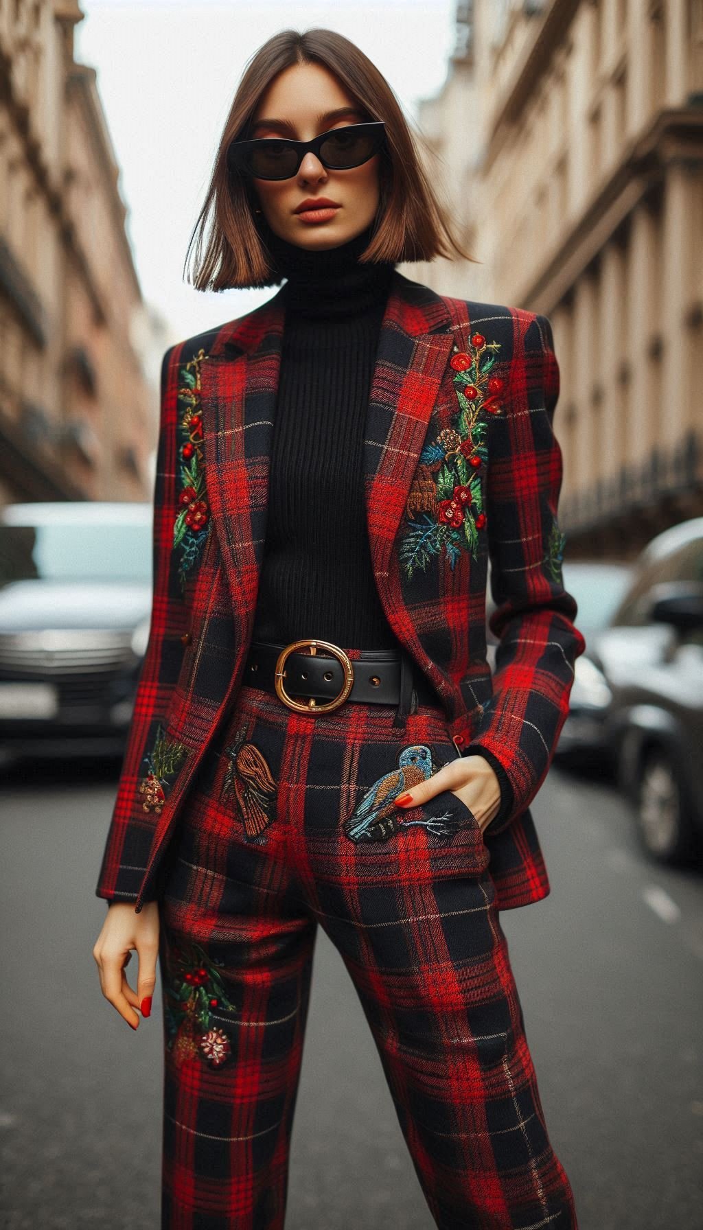 Christmas Outfits: 70 Must-Have Festive Ensembles | Pocoko Turn heads at your holiday gatherings with a tartan blazer and high-waisted trousers. It's the perfect outfit for a touch of festive elegance!