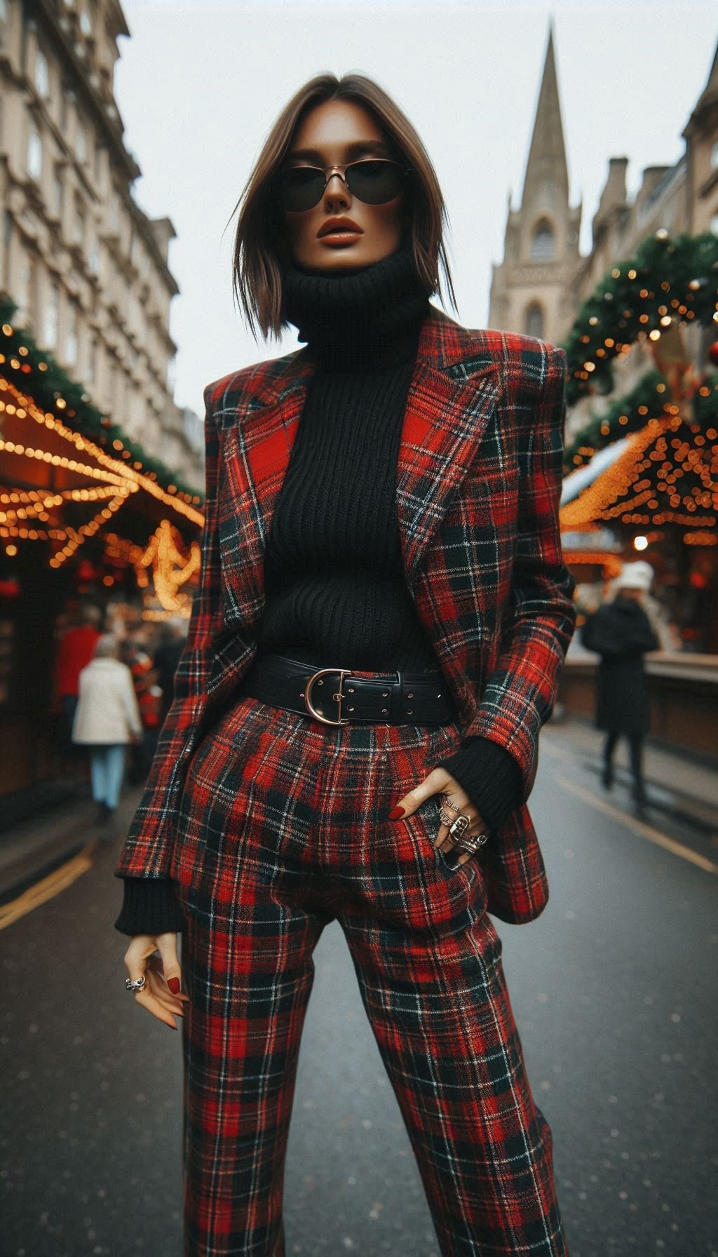 Christmas Outfits: 70 Must-Have Festive Ensembles | Pocoko Step up your holiday outfit game with a tartan blazer and high-waisted trousers. This look is all about festive sophistication and timeless style.