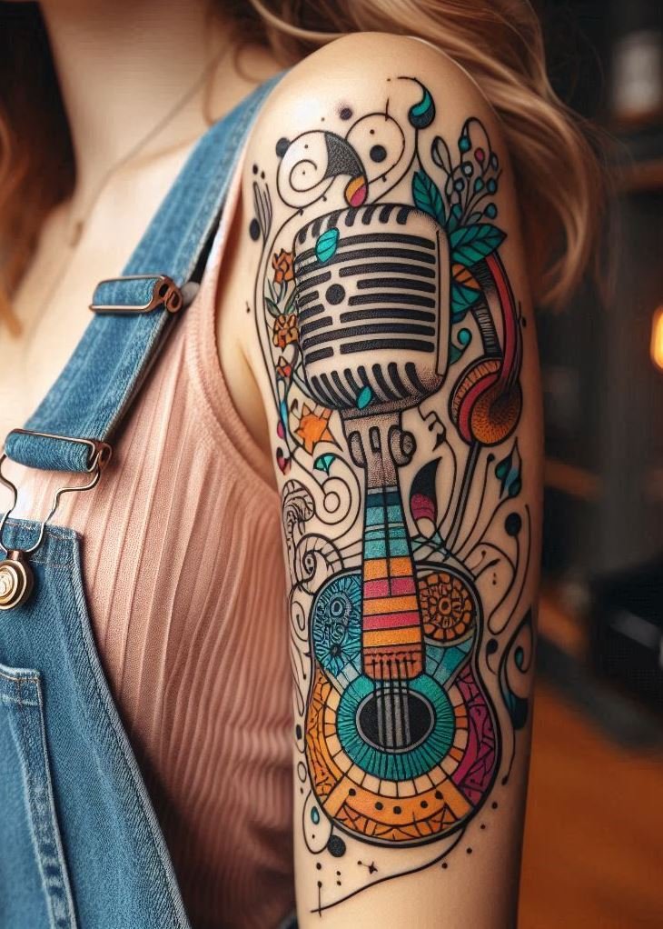 Music Tattoos: 75 Must-See Inspirations | Pocoko Strum up some style with these guitar tattoo inspirations. From acoustic to electric, each design hits the right note!