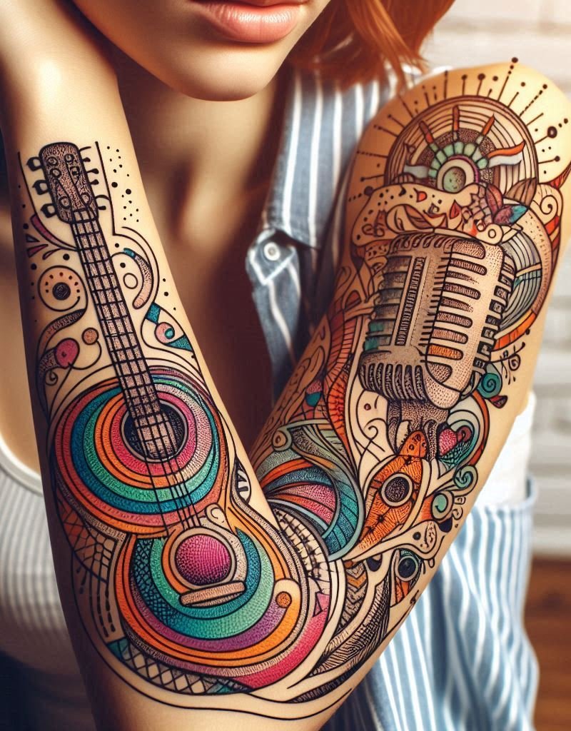 Music Tattoos: 75 Must-See Inspirations | Pocoko For the love of guitars and tattoos, these designs are a match made in musical heaven. Get inspired today!