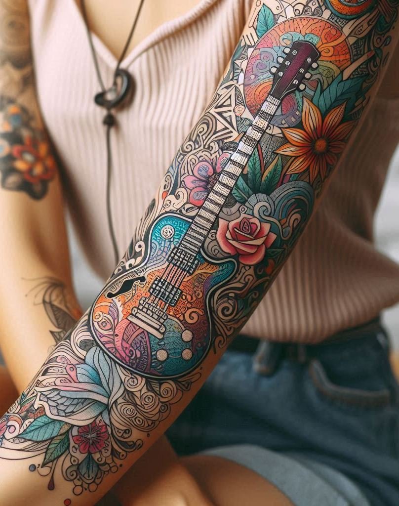 Music Tattoos: 75 Must-See Inspirations | Pocoko Rock your ink game with these guitar tattoo ideas. Perfect for any guitarist who wears their passion on their skin!