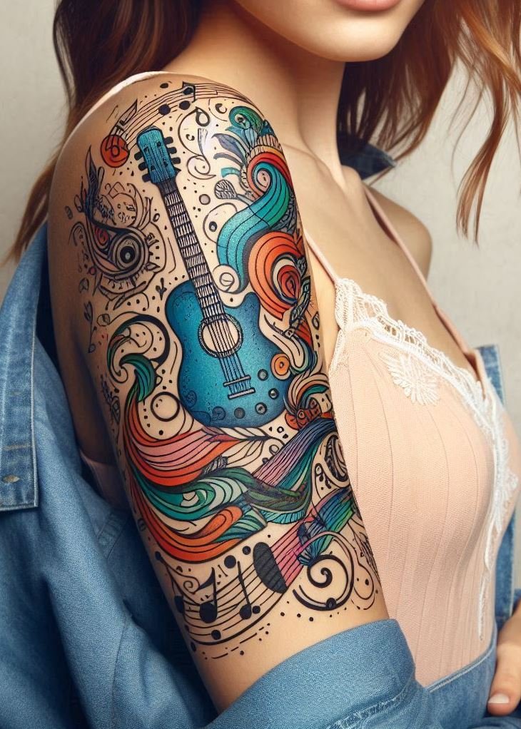 Music Tattoos: 75 Must-See Inspirations | Pocoko Get inspired by these stunning guitar tattoos. Whether you're into classics or modern riffs, there's a design for every music lover!