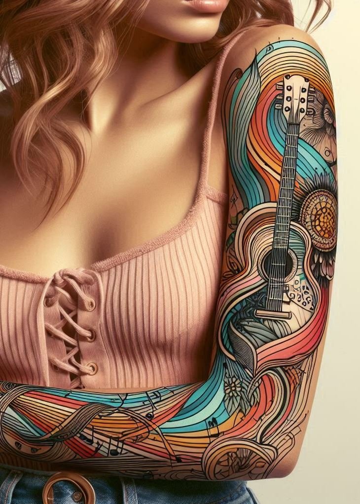 Music Tattoos: 75 Must-See Inspirations | Pocoko Make your love for guitars permanent with these tattoo ideas. Perfect for musicians and music lovers alike!