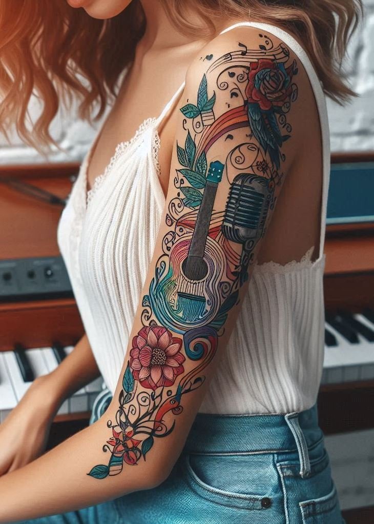 Music Tattoos: 75 Must-See Inspirations | Pocoko Celebrate your musical journey with these guitar tattoos. Each design is a tribute to your favorite instrument!