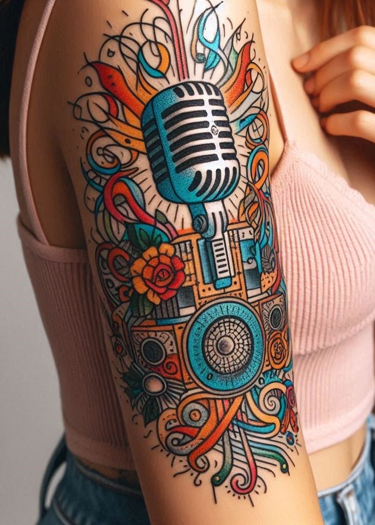 Music Tattoos: 75 Must-See Inspirations | Pocoko Turn up the volume on your tattoo game with vintage microphone designs. Perfect for those who want to ink their love for music!
