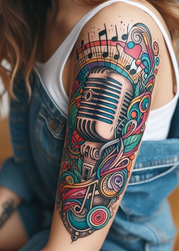 Music Tattoos: 75 Must-See Inspirations | Pocoko Sing your heart out with these stunning vintage microphone tattoos. Perfect for music lovers with a flair for the classic!
