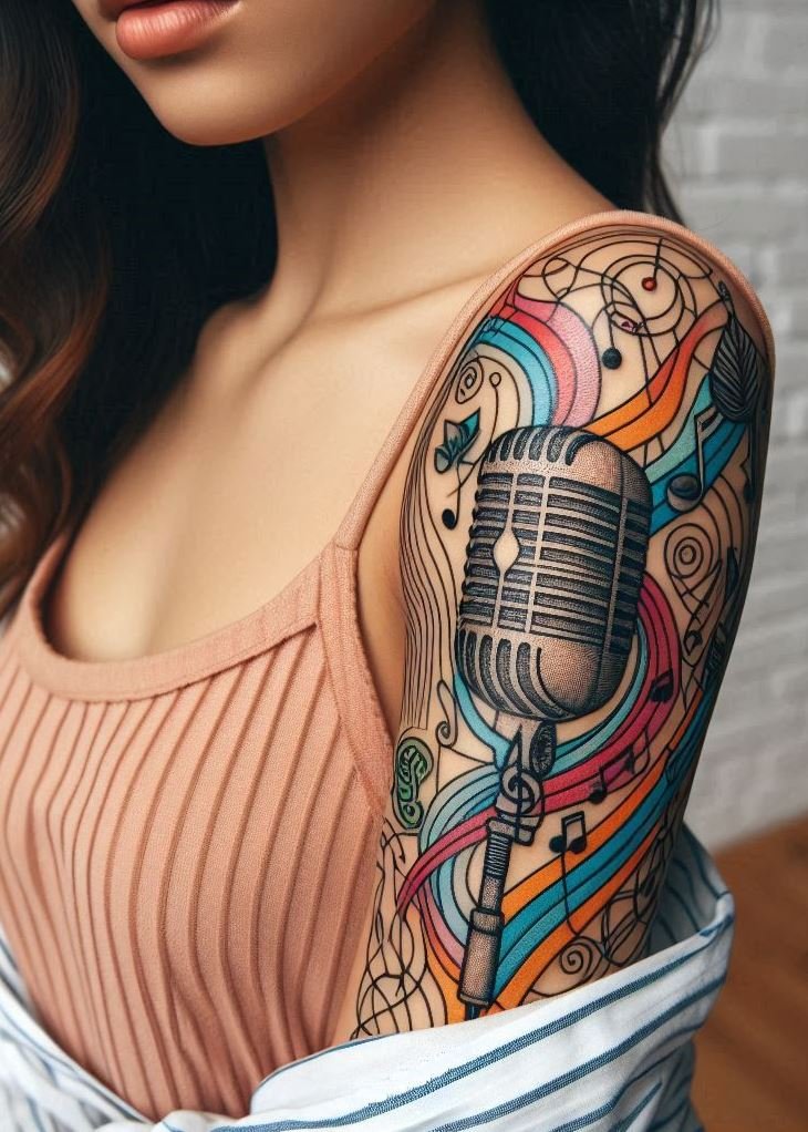Music Tattoos: 75 Must-See Inspirations | Pocoko Make a statement with vintage microphone tattoos. Bold, iconic, and perfect for those who love a touch of nostalgia!