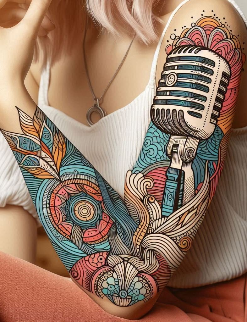 Music Tattoos: 75 Must-See Inspirations | Pocoko Elevate your ink with these vintage microphone tattoos. Ideal for those who cherish the golden age of music!