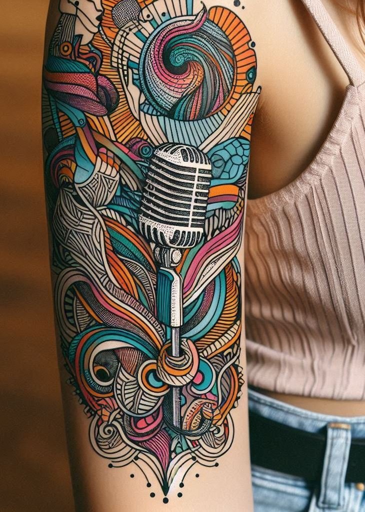 Music Tattoos: 75 Must-See Inspirations | Pocoko Capture the charm of classic tunes with vintage microphone tattoos. Perfect for music enthusiasts who appreciate the old-school style!